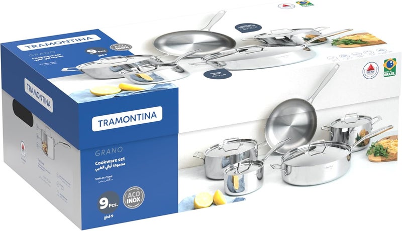 TRAMONTINA طقم أواني الطهي من ترامونتينا غرانة من الفولاذ المقاوم للصدأ مع هيكل ثلاثي الطبقات، 9 قطع - Image 3